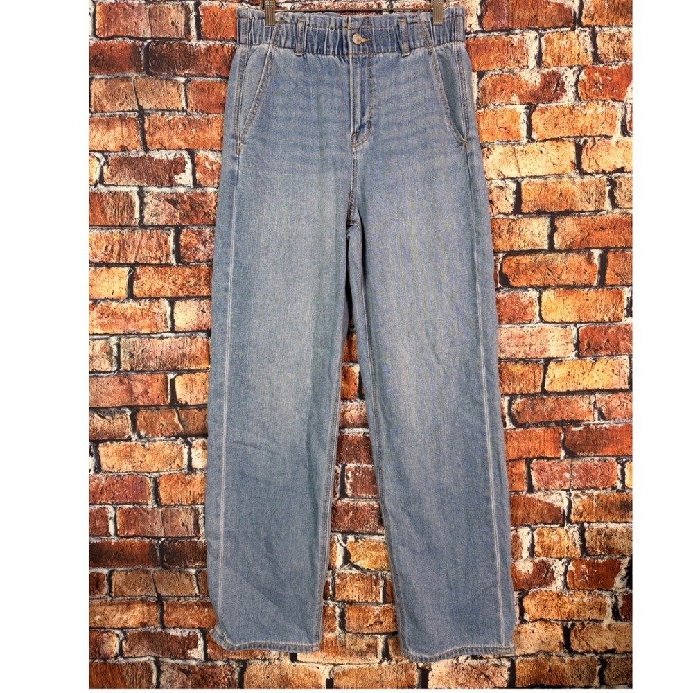 American Eagle Women 10 Light Wash Elastic Waist Wide Leg Jeans High Rise 30x30